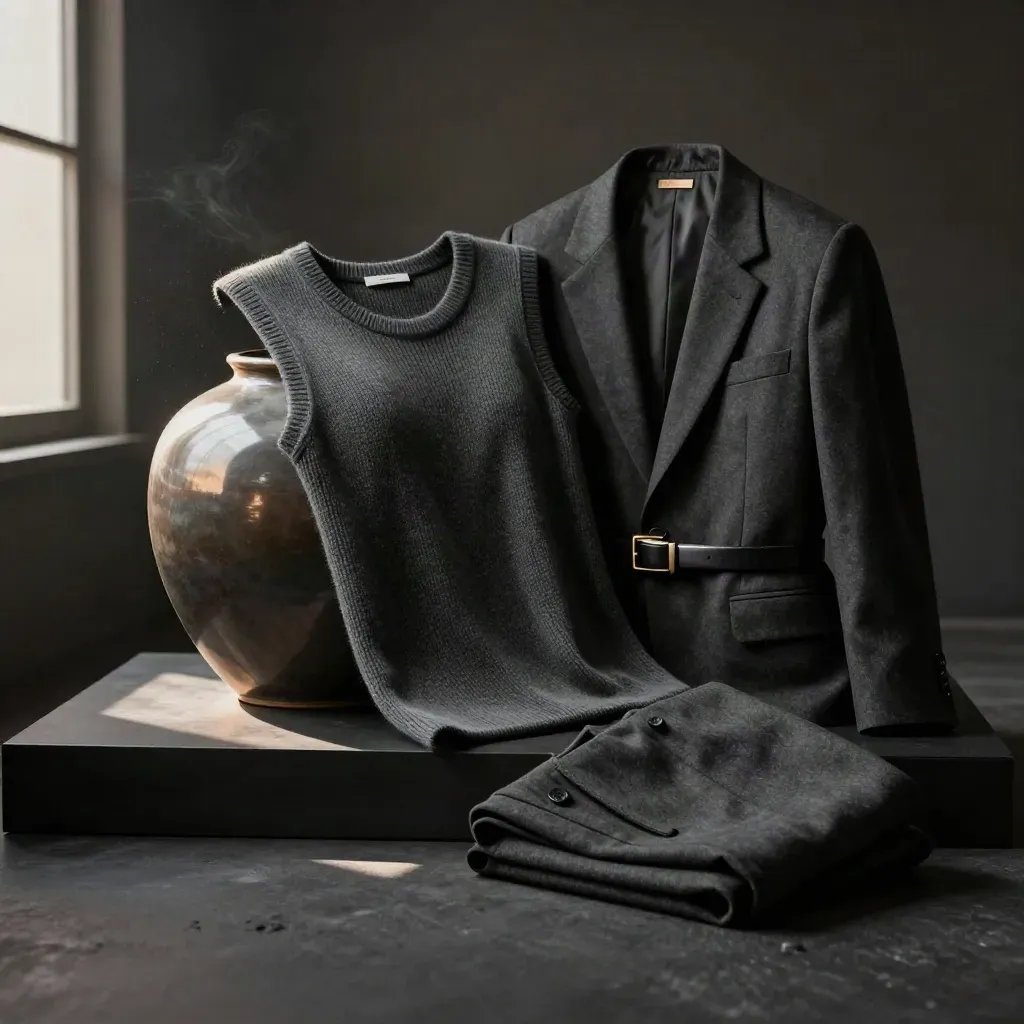 Matte chalk knit tank draped over a ceramic form with jacket, belt and trousers on a dark studio plinth.