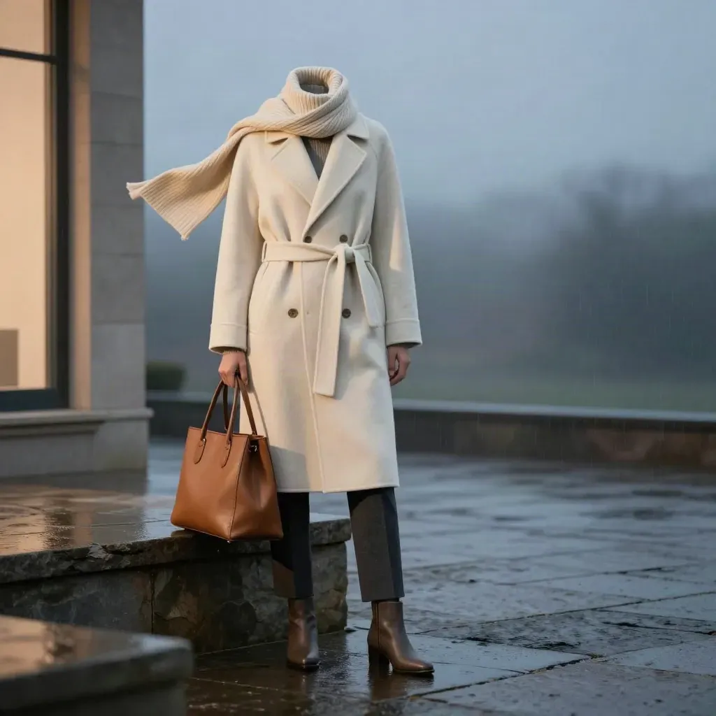 Ivory belted wool coat with scarf, trousers, tote and boots on damp slate at blue hour.