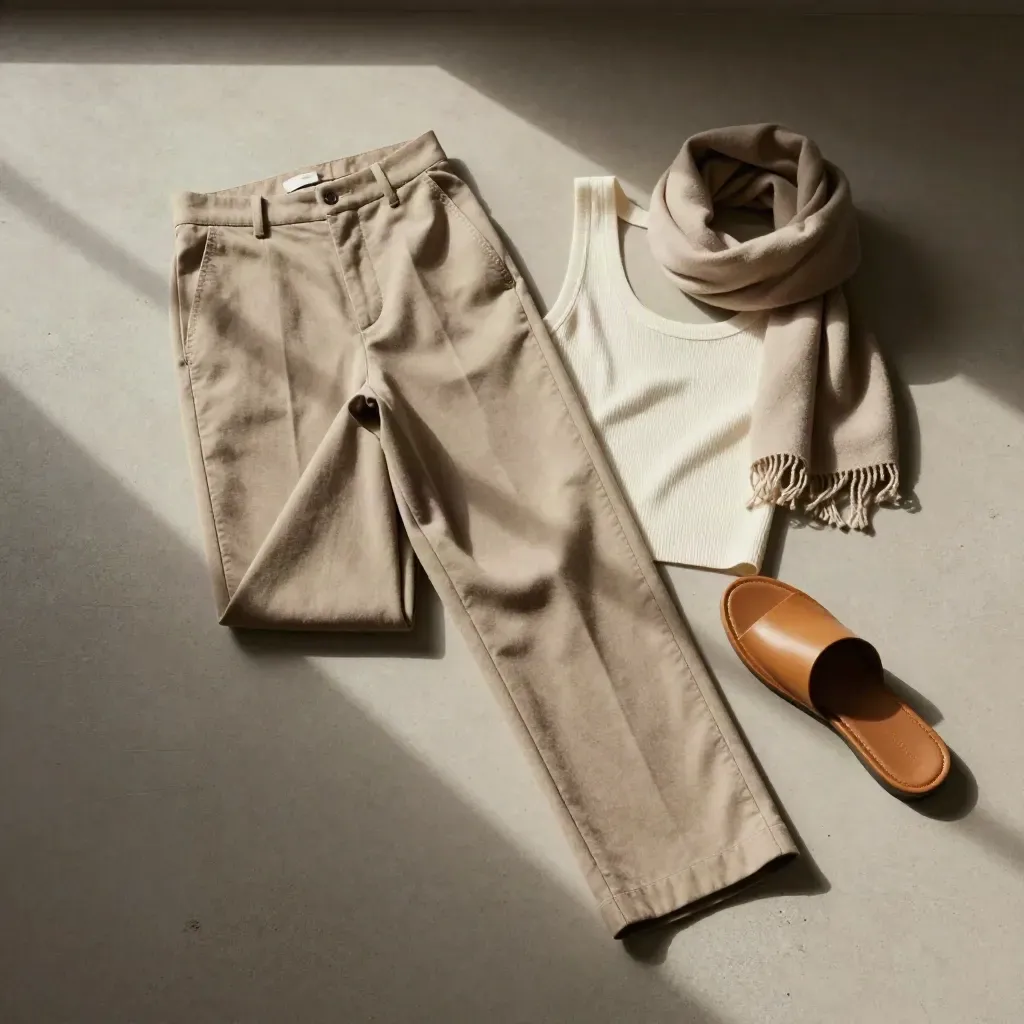Overhead flatlay of stone trousers with knit tank, leather slide and scarf on pale concrete.