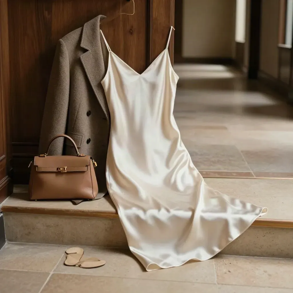 Pearl satin midi slip dress pools over a hallway step beside coat, bag, and sandals.