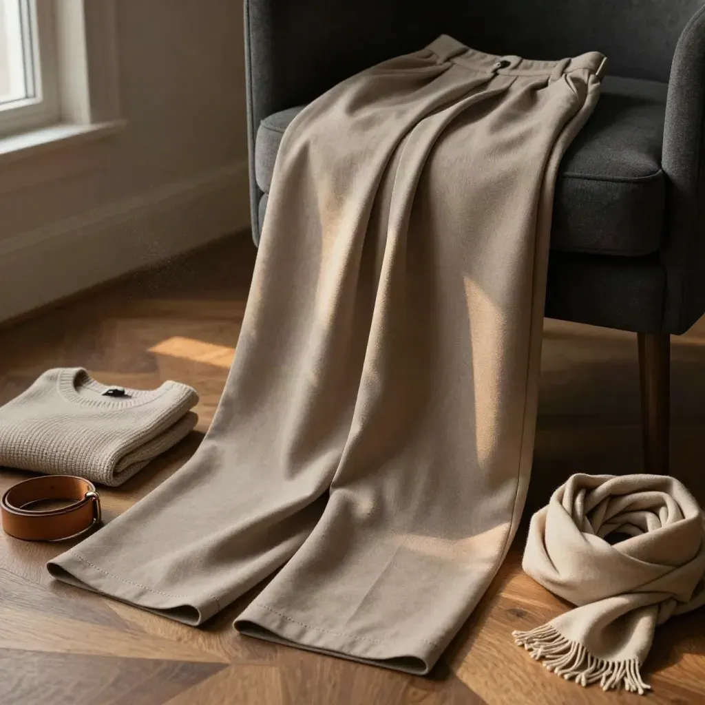 Sand-taupe wide-leg pants draped over a charcoal chair with knit top, belt and scarf.