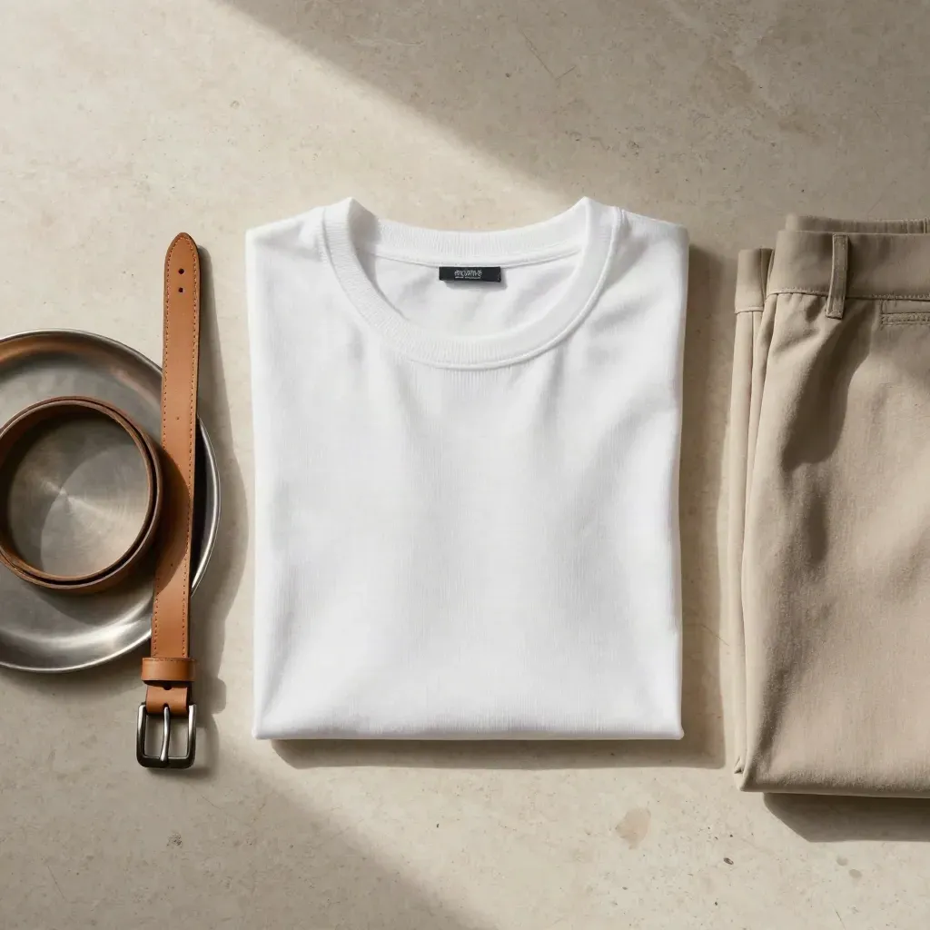 Overhead flatlay of a white ribbed tee, belt, tray and trousers on pale travertine.