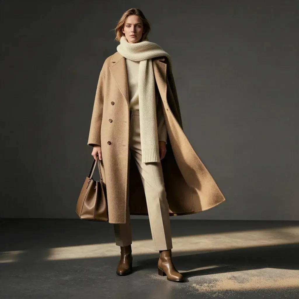 Dark dramatic wool long coat with scarf, trousers, tote and boots on a matte-black studio floor.