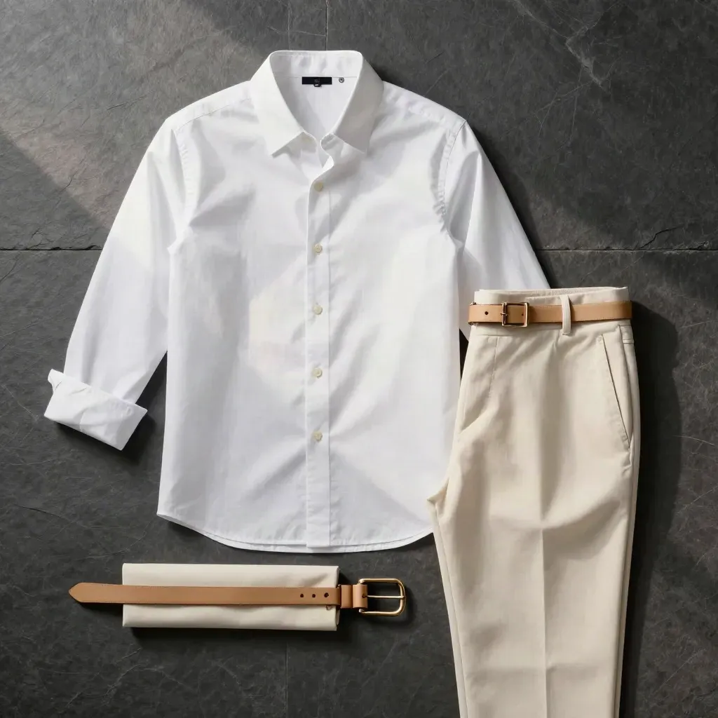 Overhead flatlay of a white button shirt with trousers, belt, and paper wrap on stone.